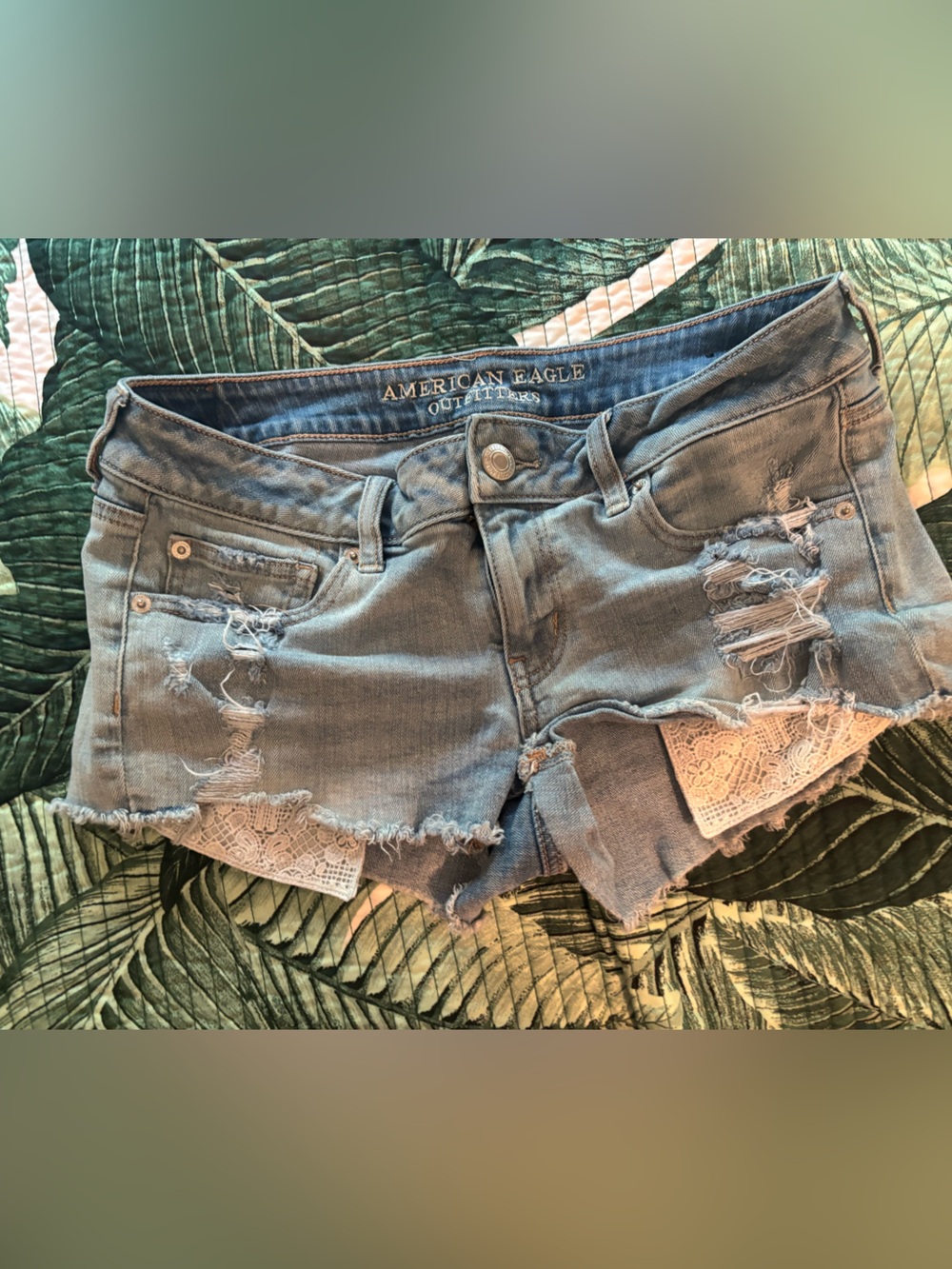 American Eagle Outfitters Light Blue Distressed Denim Lace-Trim super low Shorts